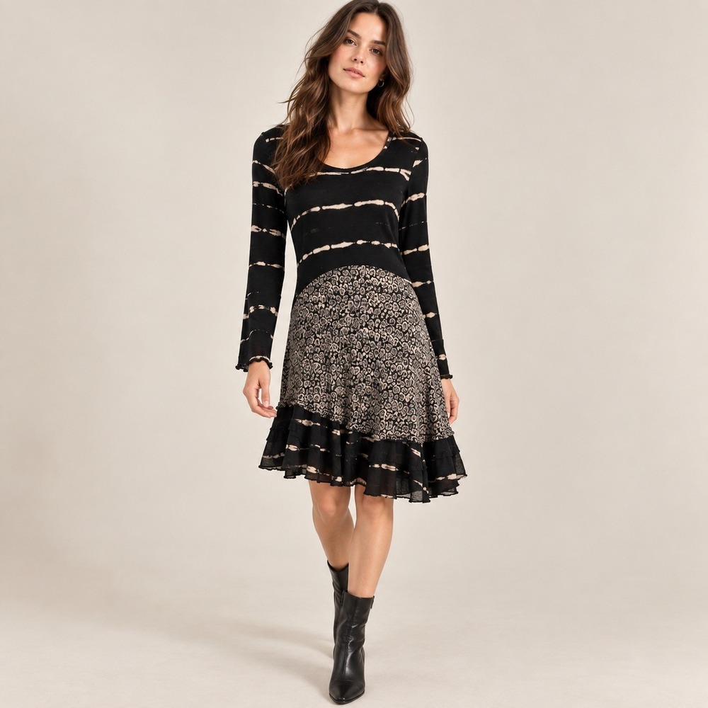 Mezon Midi Dress Women M Black Tie Dye Leopard Mixed Media Art to Wear Lagenlook